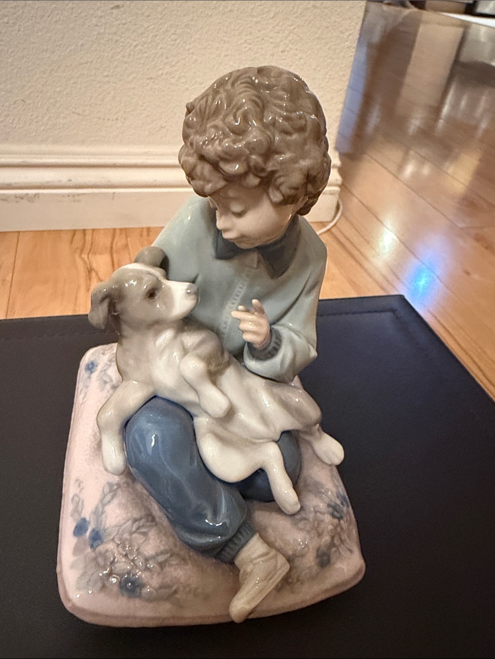 Lladro Porcelain Boy with Dog Figurine - Light Blue and Cream auth Spain